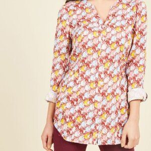 Modcloth Cat Lady Novelty Print Trusty Travel Back Tie Button Up Tunic Blouse L